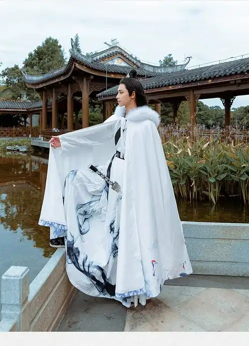披风男斗篷古装冬季中国风男生汉服水墨加厚保暖双面呢外套加长大毛领