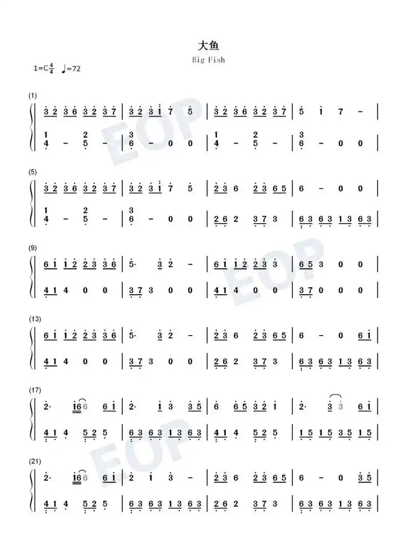 《大鱼》钢琴简谱,c大调钢琴曲  小白很快学会的歌曲,一天就拿下了.