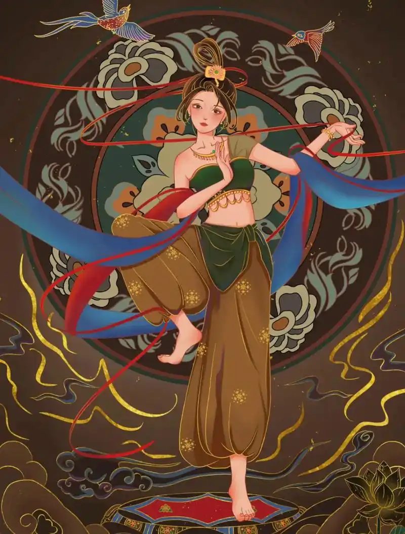 国风插画 敦煌飞天少女 《反弹琵琶》 是敦煌壁画《无量寿经变 - 抖音