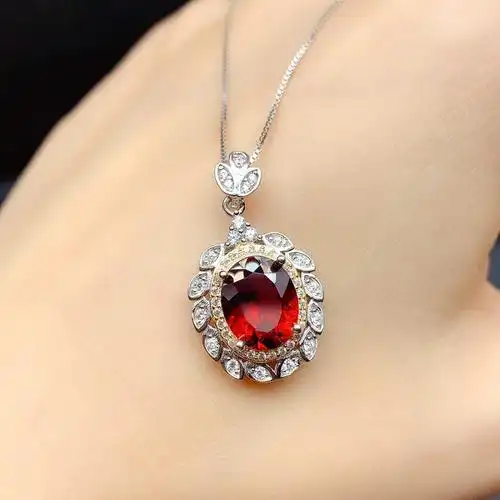 新款气质奢华椭圆形仿真红宝石彩宝满钻吊坠女 黄金分色锁骨项链
