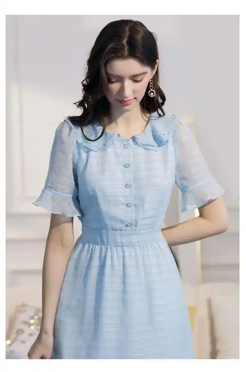 未风雪纺娃娃领连衣裙女2022夏装新款女装气质显瘦短袖裙子天蓝色s