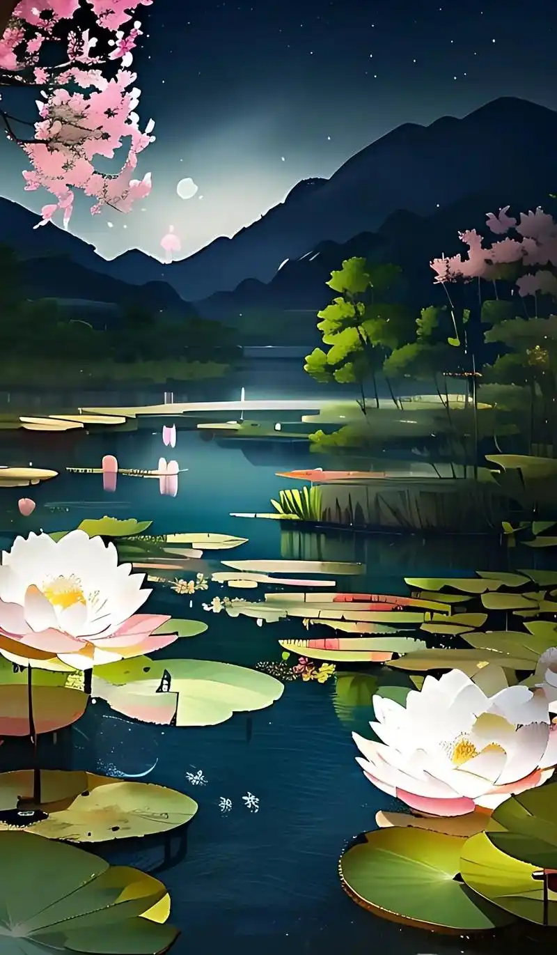 荷花池 .月光下的荷塘,宛如一幅淡雅的水墨画它是绿色的,五颜 - 抖音