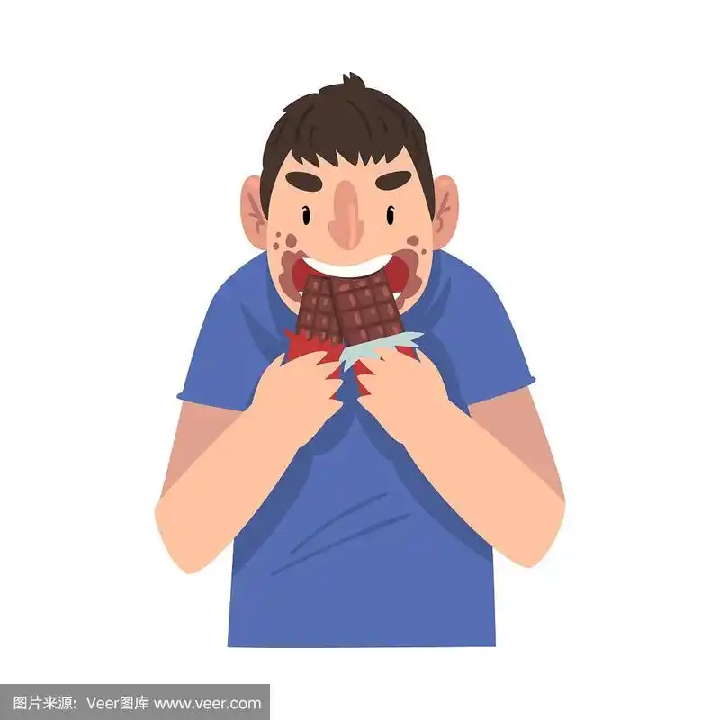 搞笑的家伙吃巧克力,贪婪地吞食糖果的人卡通矢量插图