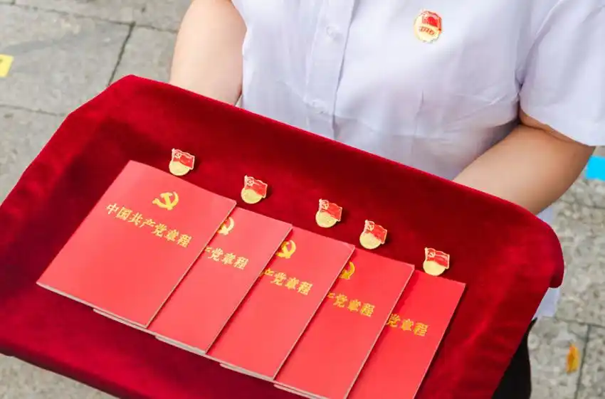 华中师范大学老党员为新党员佩戴党徽