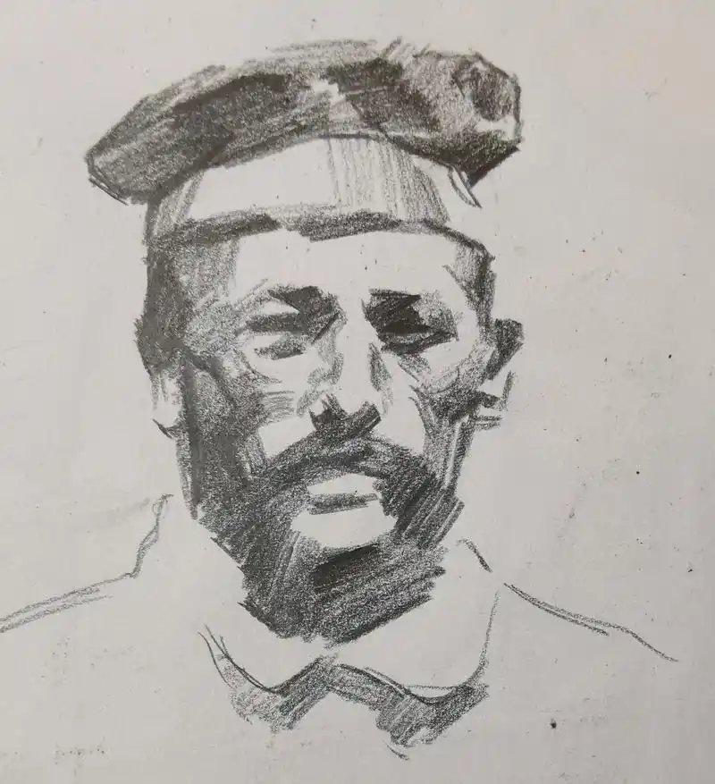 速写:学习使用自动铅笔画戴军帽的士兵头像