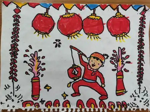 儿童绘画作品——《春节》38  原创迎春节主题绘画巧手绘新年示范幼儿