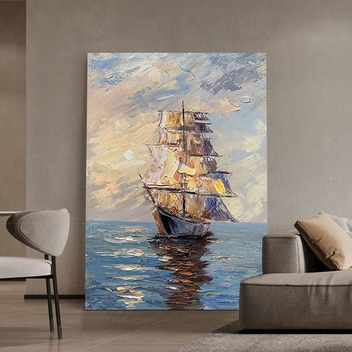 海上日出帆船肌理手绘油画玄关客厅装饰画一帆风顺轻奢办公室挂画