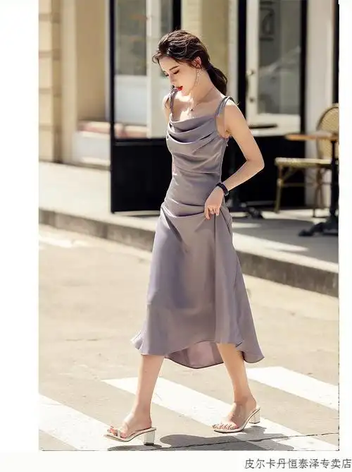 皮尔卡丹法国高档轻奢品牌女装法式小众气质显瘦连衣裙系带三醋酸缎面