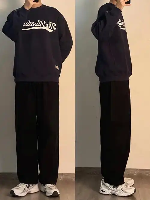 ootd日系藏青色卫衣搭配黑色直筒裤