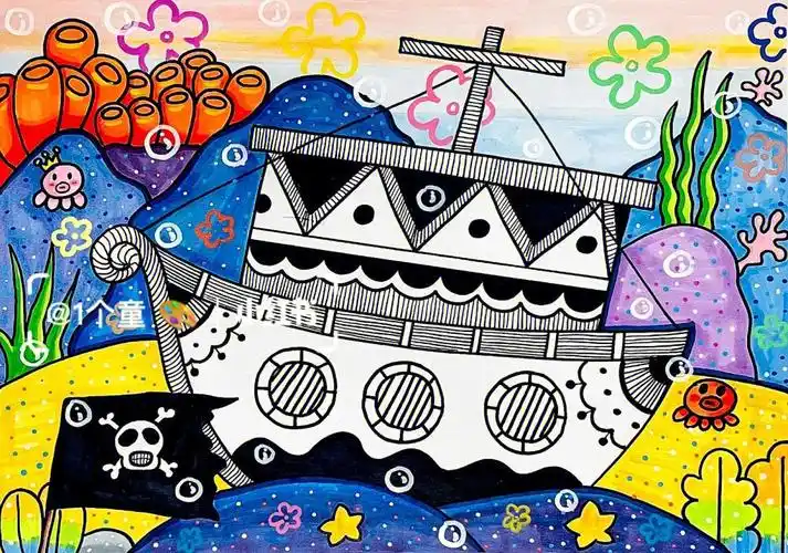 原创创意线描深海海盗船6976附线稿
