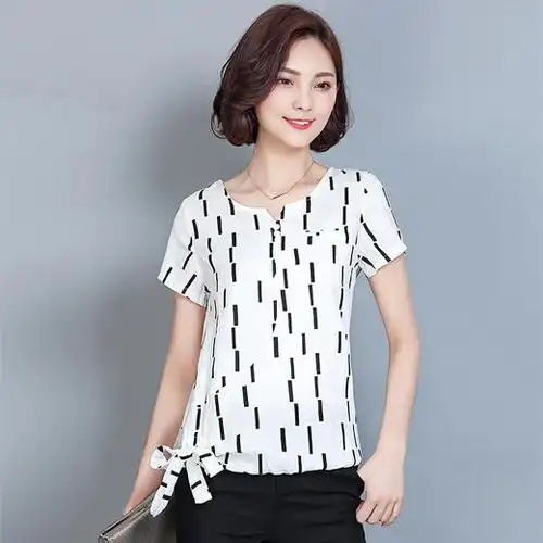女士t恤t恤女夏装新款韩版修身短袖雪纺衫女装时尚印花上衣夏
