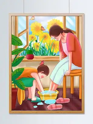 原创手绘插画母亲节可 i>爱 /i>的孩子帮妈妈洗脚