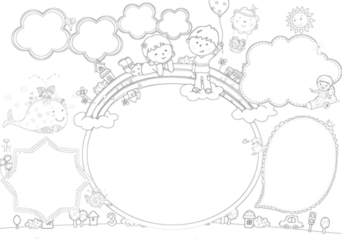 快乐童年描边涂色手抄报空白模板勾边填色线描板报儿童节电子小报六一