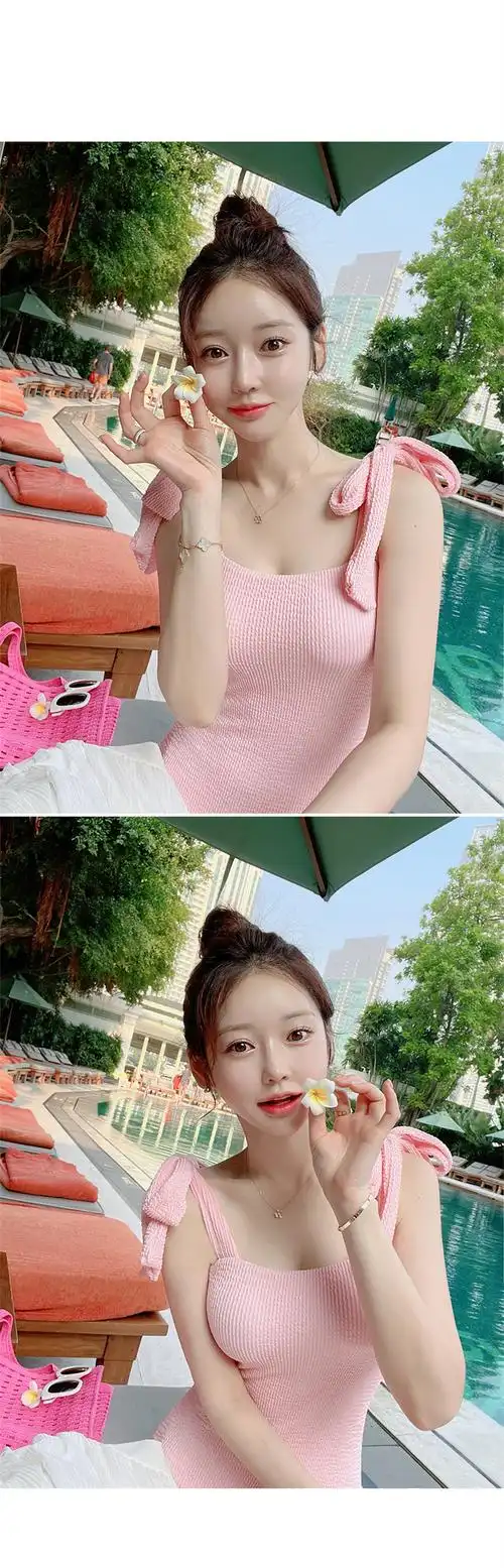 韩国新款ins超仙泳衣女连体吊带蝴蝶结小胸遮肚新款高颜值温泉… - 17