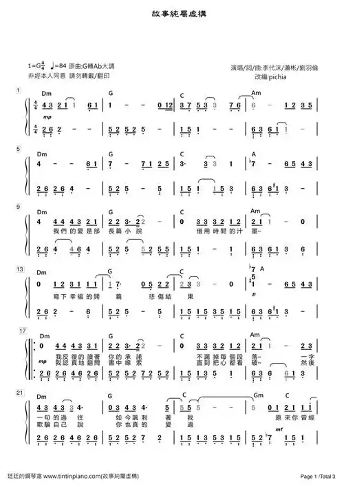 简谱李代沫故事纯属虚构勿忘专辑附歌词和弦