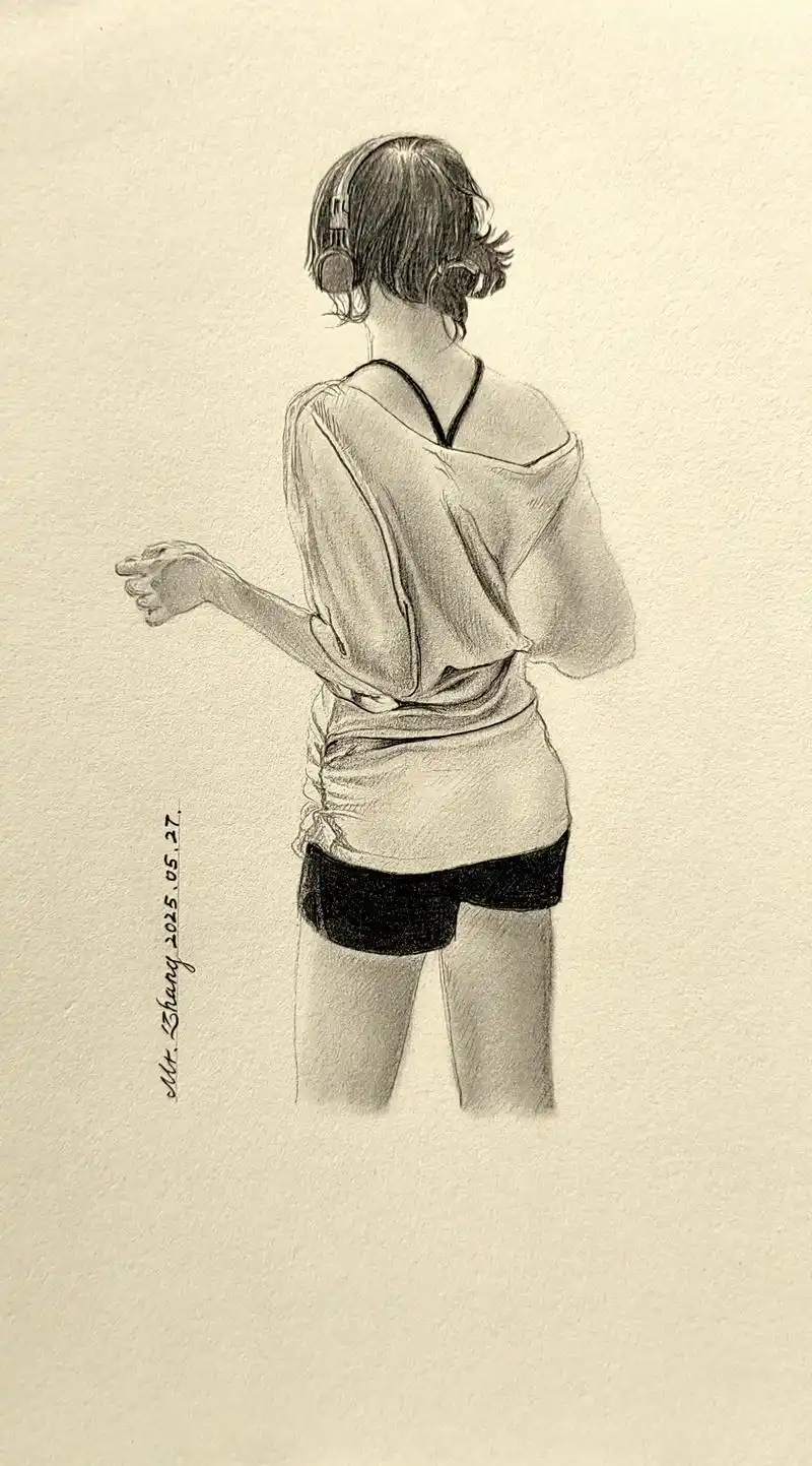 手绘画 听音乐的女生.逆光的背影,素材来自网络摄影作品.16