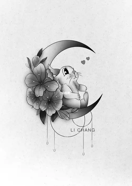 纹身手稿月亮上的小兔子会孤单吗