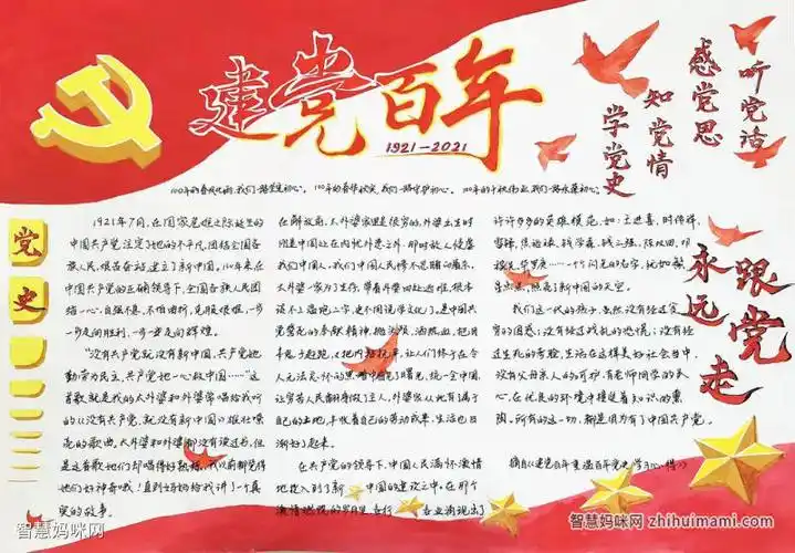 步骤7:手抄报简介:标题采用红黄相间的配色,手抄报左上方为党旗,右