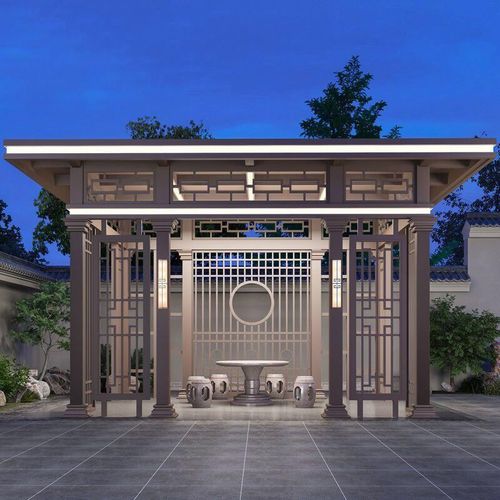 园林铝合金凉亭新中式别墅庭院定制遮阳平顶灯带现代室外四角休闲