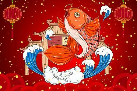 鲤鱼剪纸锦鲤红色元素  |剪纸吉祥新年年画年娃娃女孩和锦鲤元素