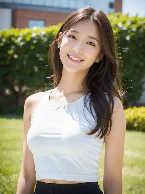 美女甜美少女笑容灿烂白衣黑裤展现青春活力