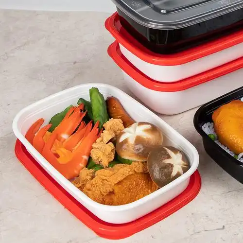 【一次性餐盒】方形一次性餐盒白底红盖塑料打包盒高档外卖快餐便当