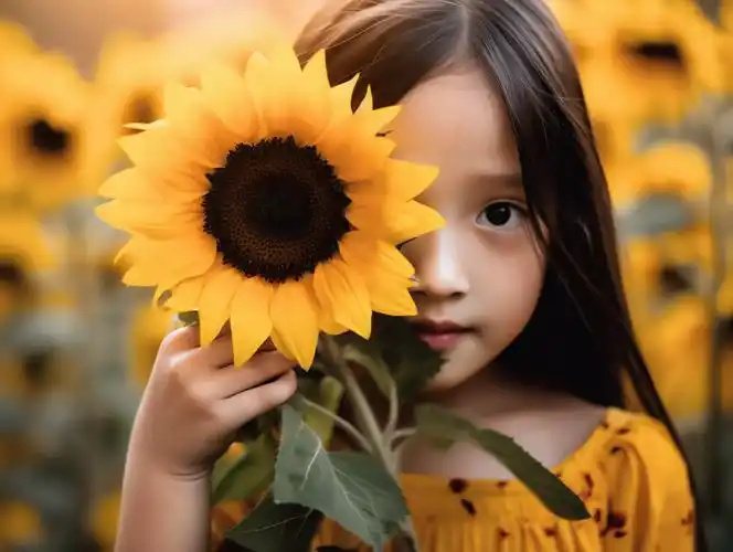 儿童保健拿着向日葵的儿童小女孩向日葵花朵清新美好希望鲜花花束可爱