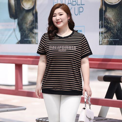 精选大码女装条纹短袖t恤女夏季200斤胖mm300遮肚子显瘦休闲上衣乐迪