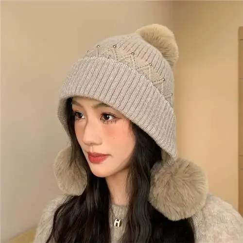 新款优雅加厚三毛球兔毛针织帽子女士冬季户外防风护脸保暖毛线帽