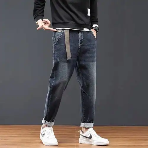 显瘦哈伦裤牛仔裤加肥佬男胖子宽松弹力小脚裤香港高端日系加大码