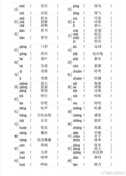 四年级下册多音字组词练手    语文基础的一部分,需要存    幼小资料
