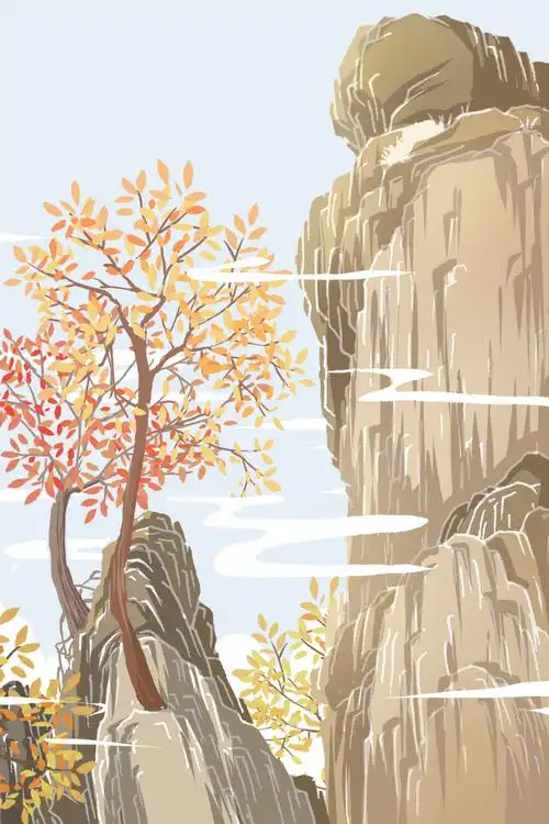 中国山石风景手绘风竖版插画