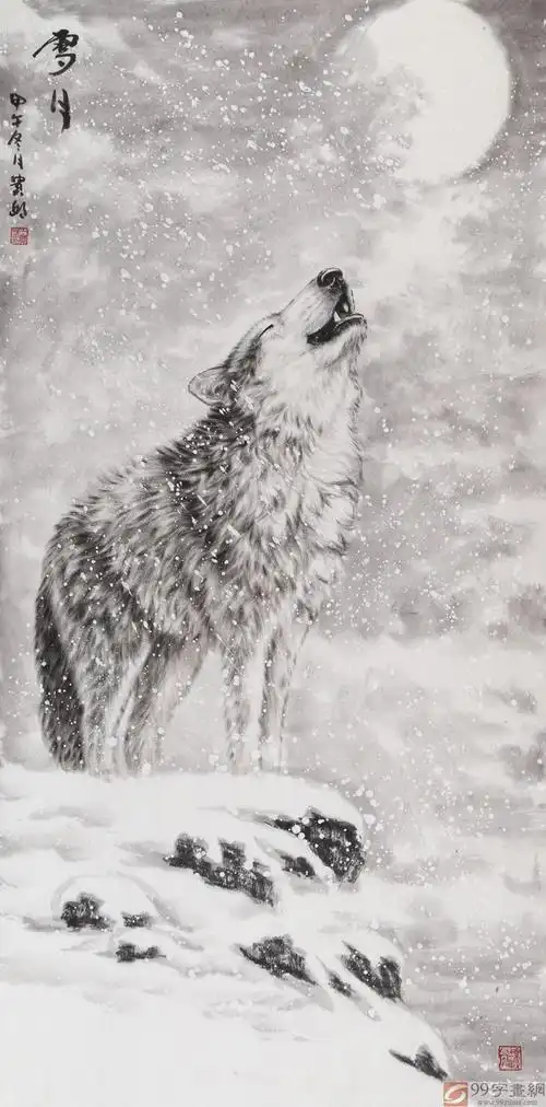 sk王贵邱四尺国画狼《雪月》