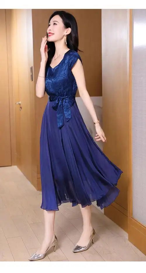 夏季高档重磅真丝连衣裙桑蚕丝短裙小个子丝绸气质显瘦过膝短袖女酒