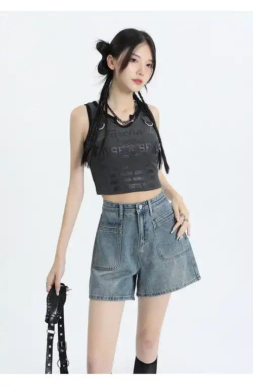 复古高腰牛仔短裤女夏季2024年新款宽松阔腿夏天时尚简约a字热裤 - 17