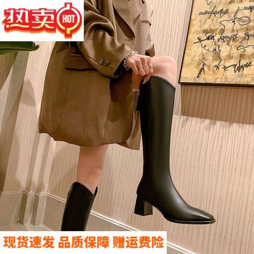 kakv西部牛仔靴秋季女靴粗跟中跟加大筒围v口方头骑士靴高筒靴 黑色