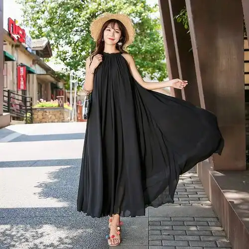 大摆纯色雪纺连衣裙拖地长裙波西米亚女装裙子旅游度假雪纺连衣裙