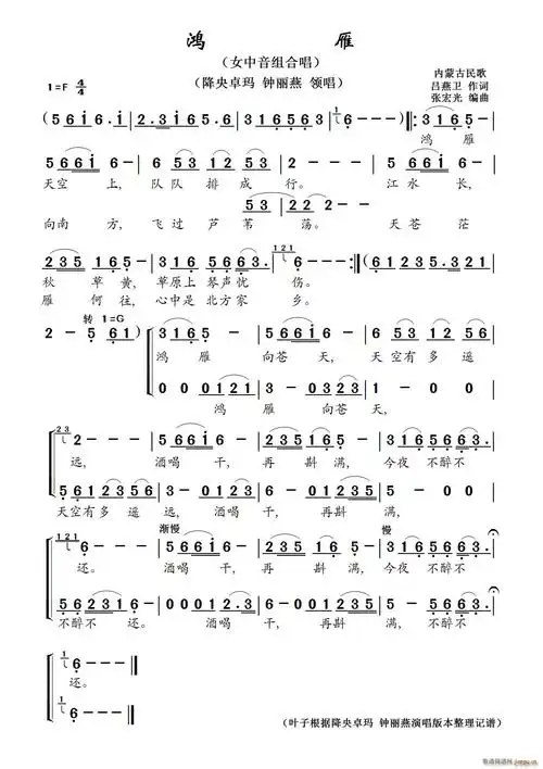 鸿雁(女中音组合唱) 降央卓玛 钟丽燕等 歌谱简谱网