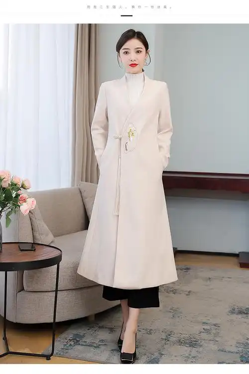 2024中国风毛呢大衣女春季长款高贵高端羊绒过年旗袍外套中式唐