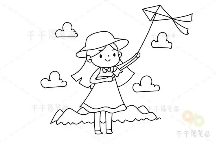 治愈系女孩简笔画随风筝飘向远方