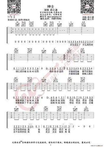 绅士吉他谱 薛之谦 c调弹唱谱 无限延音编配