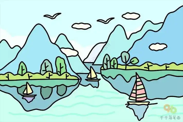 简笔画山水树木彩色彩铅画河边小船简笔画秋天风景简笔画彩铅画教程