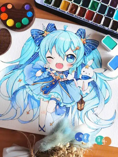 水彩手绘初音未来二次元动漫