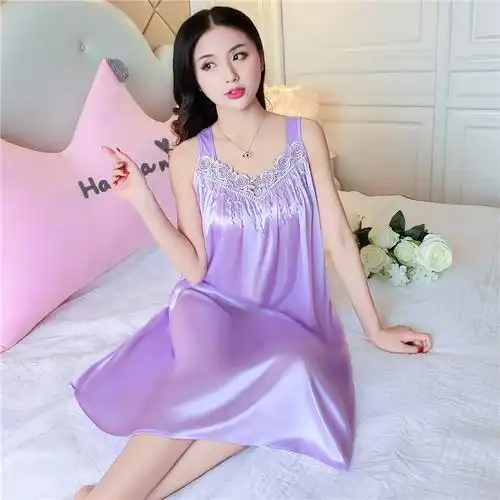 夏季冰丝睡裙女人性感花边丝绸睡衣短袖家居服薄款吊带大码200斤