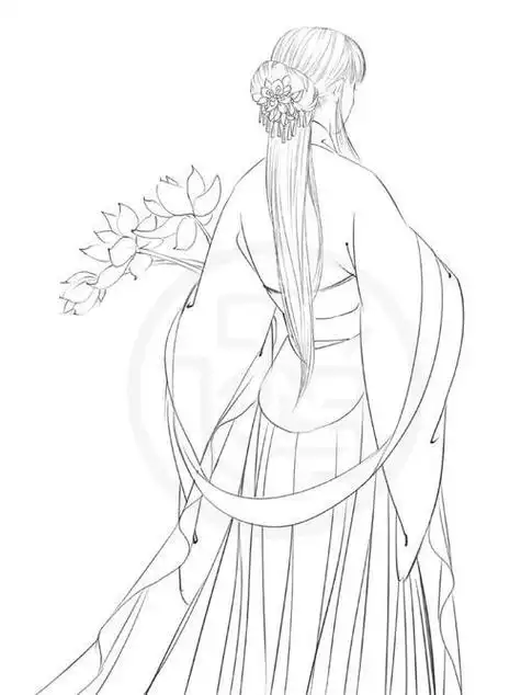 画线稿手绘女生男生长发短发转载二次元古风ipad简笔画古风女子画背影