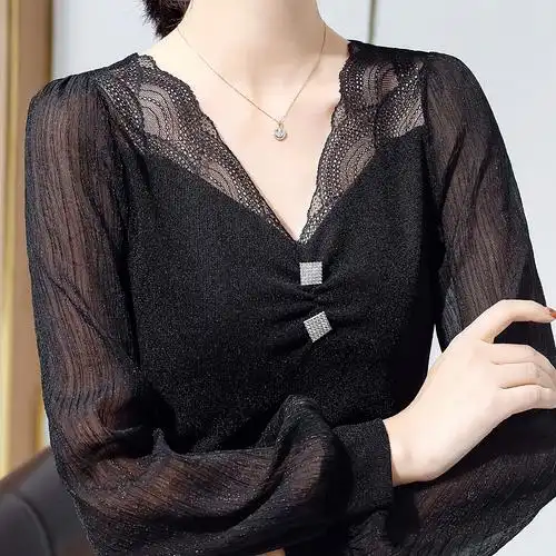 夏季网纱打底衫女雪纺性感深v领纱衣灯笼袖蕾丝上衣黑色雷丝小衫