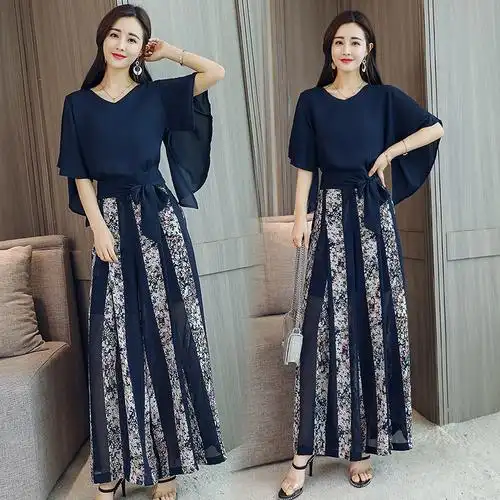 女神范印花套装女夏款女士新品时尚气质两件套时髦洋气高腰阔腿裤