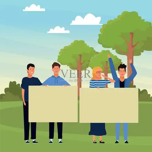 一群人举着空白横幅插画图片素材