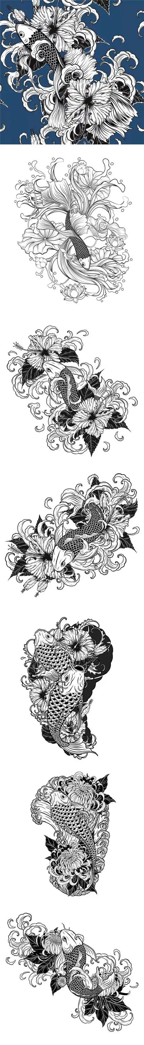 元素插画所需点数:20点手绘线条中国风锦鲤插画,吉祥如意,锦鲤插画