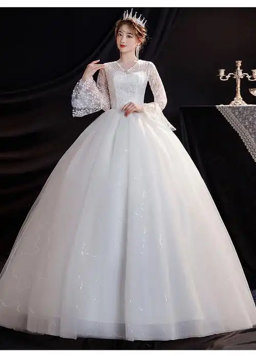 主婚纱礼服2021春夏韩版娘显瘦蕾丝森系简约齐地v领遮手臂结婚纱